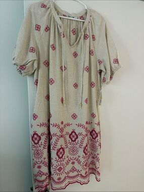 Embroidered Beige & Pink Peasant Dress with Tie Neck